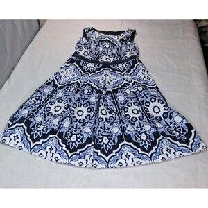 Talbots Blue White Damask Sleeveless Dress Size 4P Petite Cotton Pockets Chic